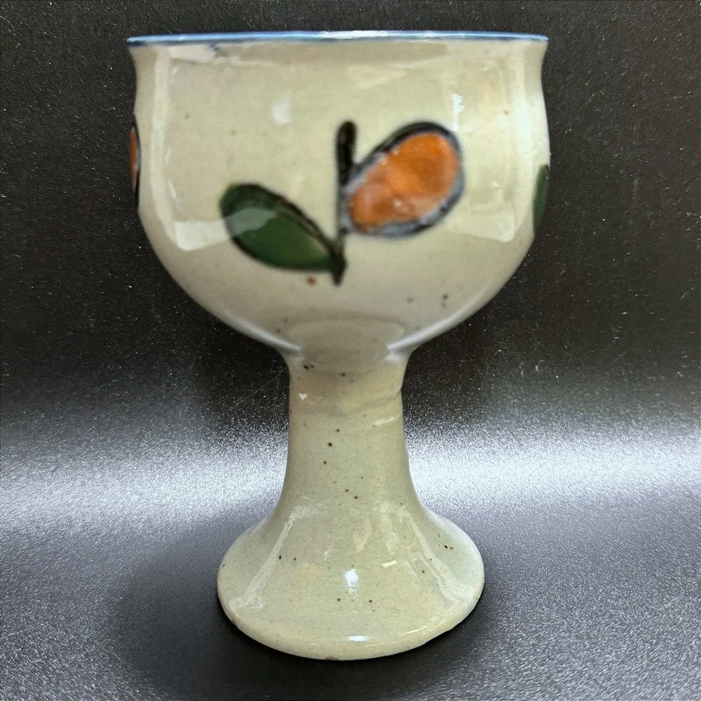 Vintage Pottery Goblet Hand Painted Fruit Speckle Glaze Cobalt Blue Rim Folk Art
